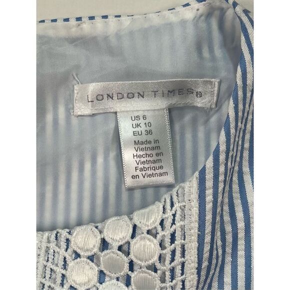 NEW London Times Sleeveless Blue White Lace Searsucker Stripe Shift Dress Size 6 - Picture 5 of 8